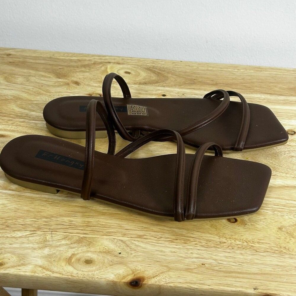 F-Hongxy Womens Strappy Flat Sandals Brown Square Toe Slip On Size EU 41 US 10